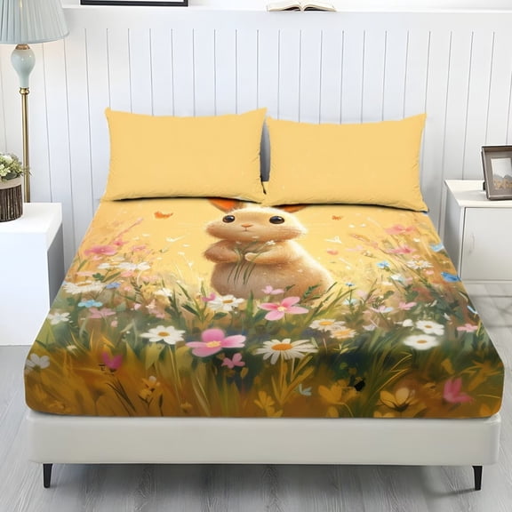 Xixirimido Rabbit Daisy Flower Yellow Print 3Pcs Fitted Sheet Set Soft Bed Sheet with 2 Pillowcases Wrinkle Resistant Bedding Set Breathable Mattress Sheets, Twin Size