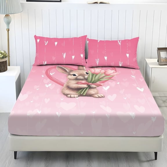 Xixirimido Rabbit Hearts Tulip Pink Print 3-Piece Bedding Set Hotel Luxury - Deep Pocket Fitted Sheet & 2 Pillowcases - Ultra Soft & Wrinkle Resistant, King Size