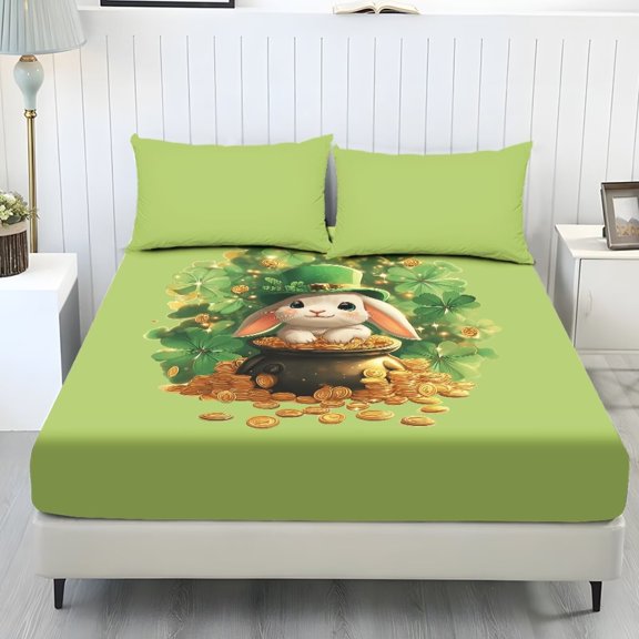 Xixirimido Rabbit Shamrock Coins Green Print Sheets Set - 3 Piece Soft Breathable Bed Sheet Set - Deep Pocket Non-Slip 1 Fitted Sheet and 2 Pillowcases for St. Ptrick's Day, Twin Size