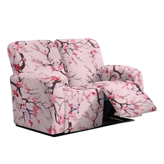 Xixirimido Recliner Loveseat Slipcover, 6 Pieces Stretch Sofa Covers for 2 Seat Reclining Couch, Soft Washable Furniture Protector with Pockets, Pink Cherry Blossom Butterfly