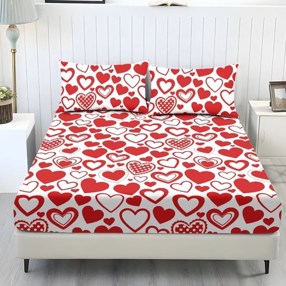 Xixirimido Red Heart Shape Print Sheets Set - 3 Piece Soft Breathable Bed Sheet Set - Deep Pocket Non-Slip 1 Fitted Sheet and 2 Pillowcases for Valentine's Day Decor, Twin Size