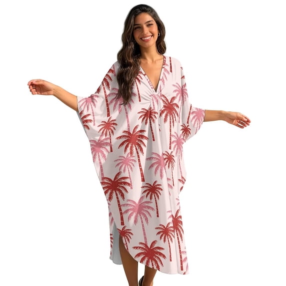 Xixirimido Red Palm Trees Print Womens Plus Size Kaftan Dress V Neck Batwing Sleeve Beach Cover Up Swimsuit Coverups Summer Lounge Caftan Dress