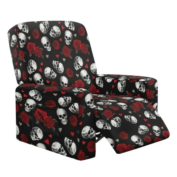 Xixirimido Red Roses Skull Recliner Slipcovers 4 Pieces Lazyboy Recliner Chair Cover Non Slip Recliner Couch Covers for Recliner Chair with Storage Pockets Halloween Furniture Protector