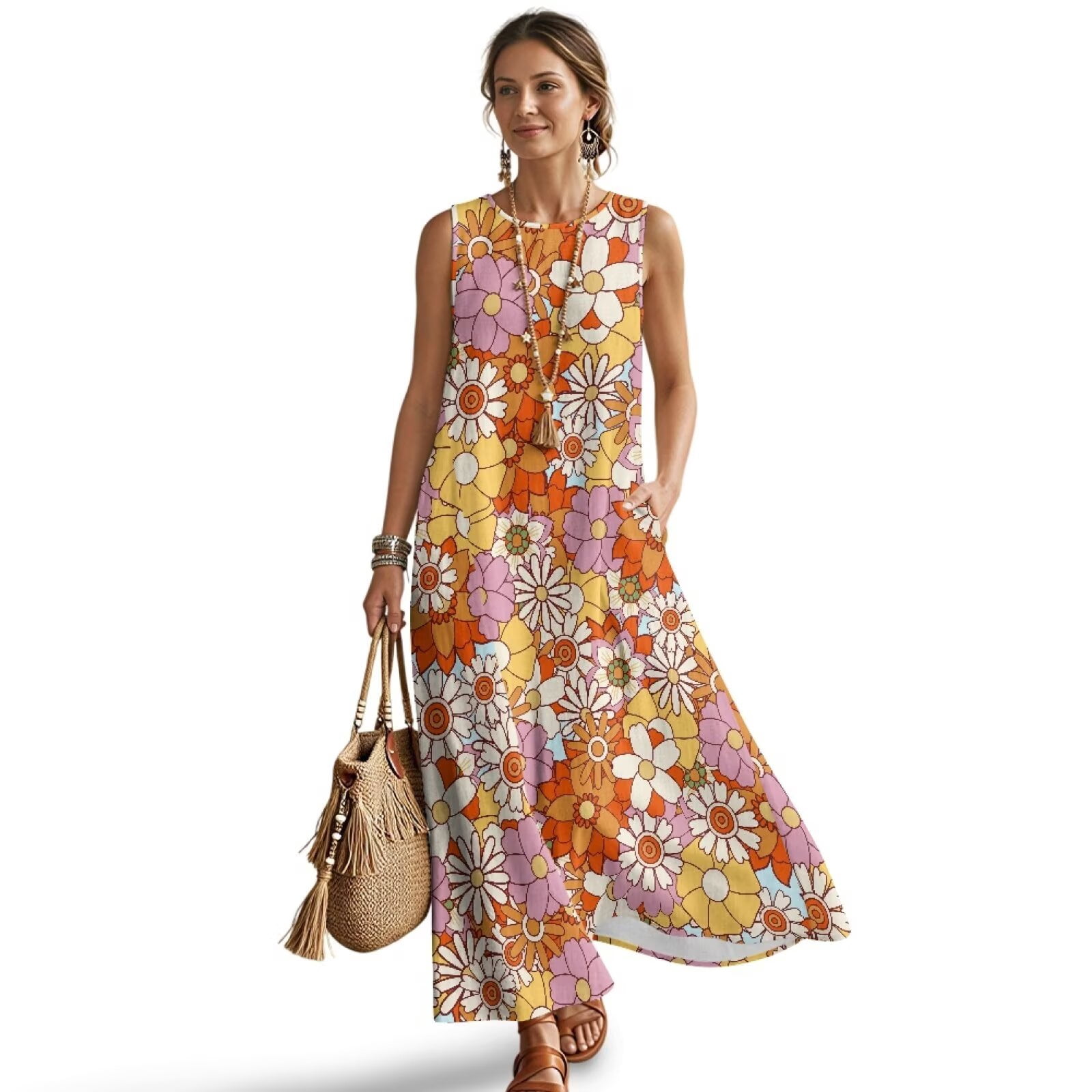 beach dresses for over 60s Xixirimido Retro Hippie Flower Print Sleeveless Maxi Women Elegant A-line Flowy Dress with Pockets Casual Summer Dresses Andorra Maxi Dress -