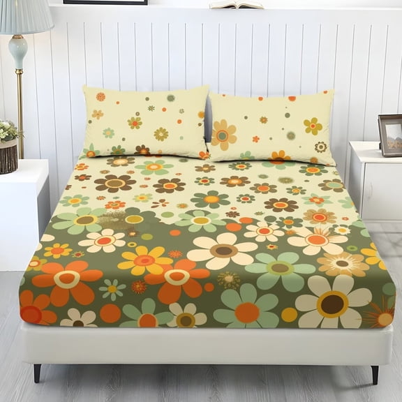 Xixirimido Retro 60s Hippie Flower Print Fitted Sheet with Pillowcases 3 Piece Set Deep Pocket Fitted Sheet for Bedroom Ultra Soft Fitted Bottom Sheet, Fade Resistant, Twin Size
