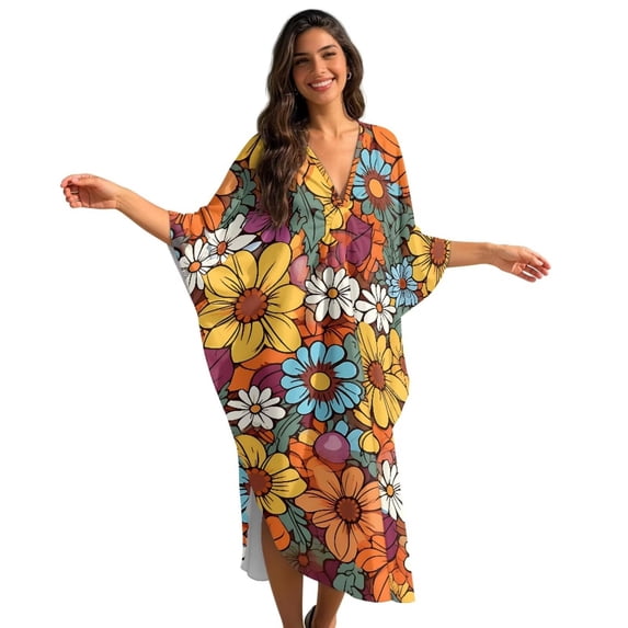 Xixirimido Retro 60s Hippie Flower Print Women's Kaftan Dresses Plus Size Beach Cover Up V-Neck Batwing Sleeve Swimsuit Coverup Summer Caftan Dress