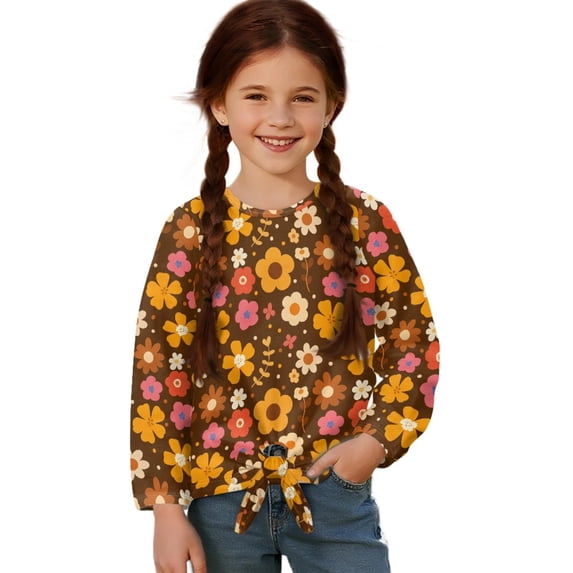 Xixirimido Retro Boho Floral Pattern Girls Long Sleeve Shirts Casual T-shirt Loose Fit Tunic Tops Crewneck Tie-hem Blouse Tees for Fall Winter, Size 11-12