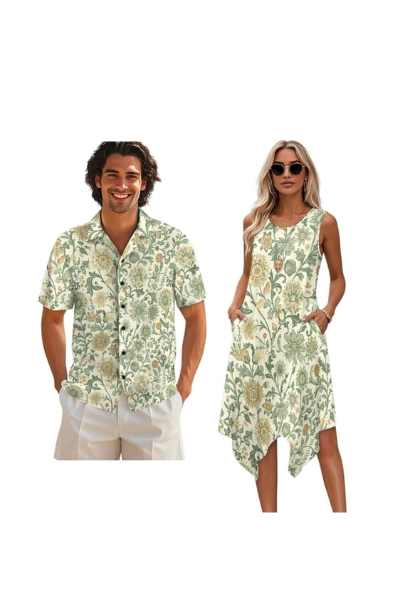 Retro Boho Floral Print Matching Couple Outfits Men’s Button-down Hawaiian Shirt Women Sleeveless Midi Dress with Pocket Couples Matched Summer Outfits for Beach Vacation, M