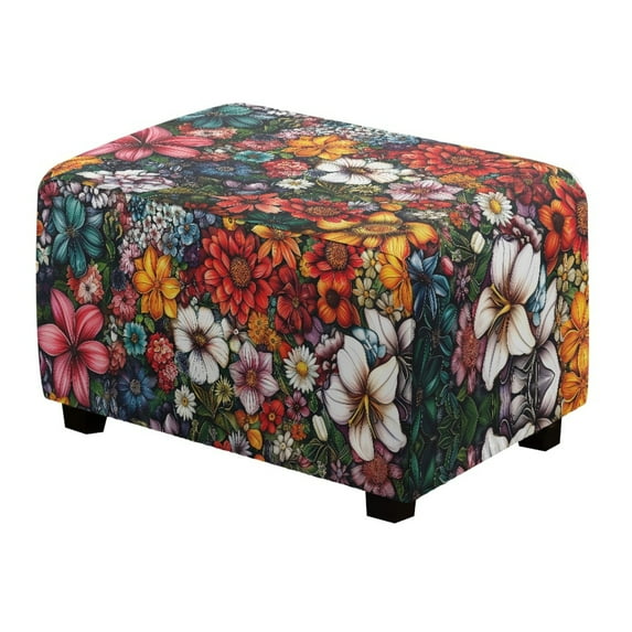 Xixirimido Retro Boho Mandala Hibiscus Floral Pattern Ottoman Slipcover Form-Fit Stretch Footstool Cover for Leather/Fabric Ottomans, Non-Slip Bottom & Living Room/Bedroom Use, Large