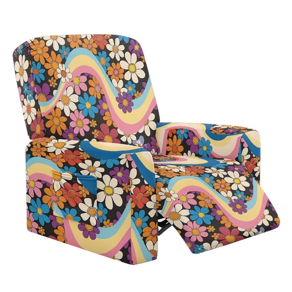 Xixirimido Retro Hippie Daisy Swirl Pattern Recliner Chair Covers 4-Pieces Stretch Lazy Boy Recliner Covers with Pocket Reclining Slipcovers Soft Sofa Slipcover Furniture Protector for Pets Kids