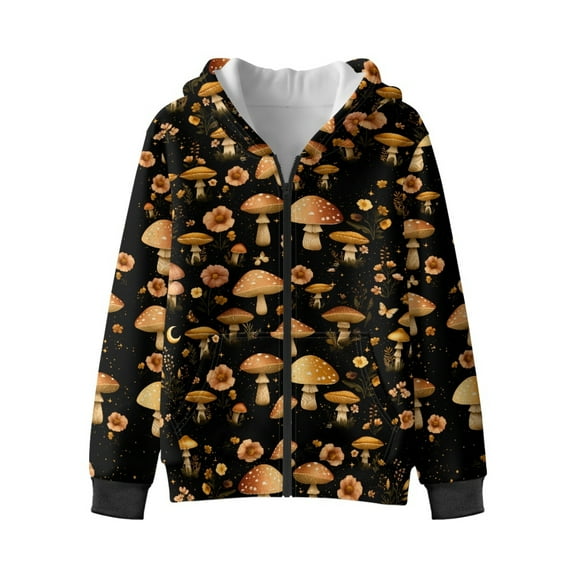 Xixirimido Retro Mushroom Floral Printed Hoodies for Girls Boys Zip Up Hoodie Sweatshirt Teen Lightweight Fall Winter Jacket Casual Long Sleeve Pullover Top for 12-14 Years
