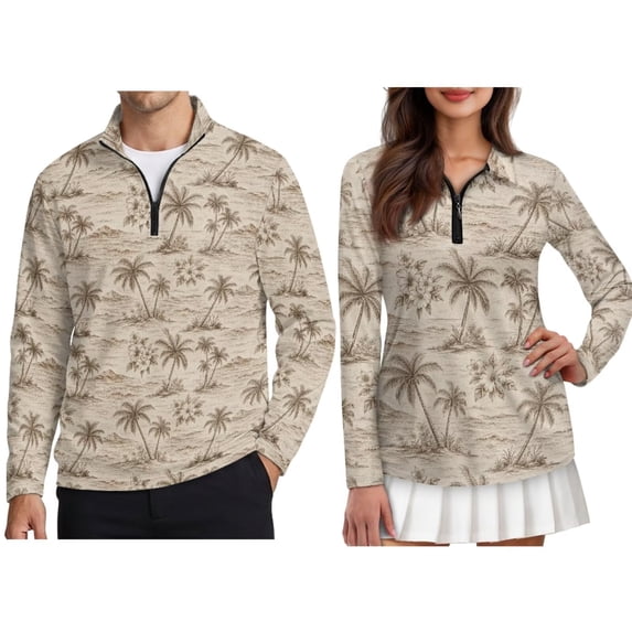 Xixirimido Retro Palm Tree Floral Couple Matching Outfit Golf Polo Couple Matching Quarter Zip Long Sleeve Performance Shirts Breathable Quick Dry Golf Workout Tops Fall Winter Outfits Shirt L