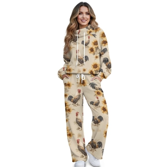 Xixirimido Rooster Chicken Sunflower Print Women's 2 Piece Outfits Lounge Set Mock Neck Long Sleeve Sweatshirt With Wide Leg Pants Sweatsuits Fall Fashion Airport Tracksuit, Large