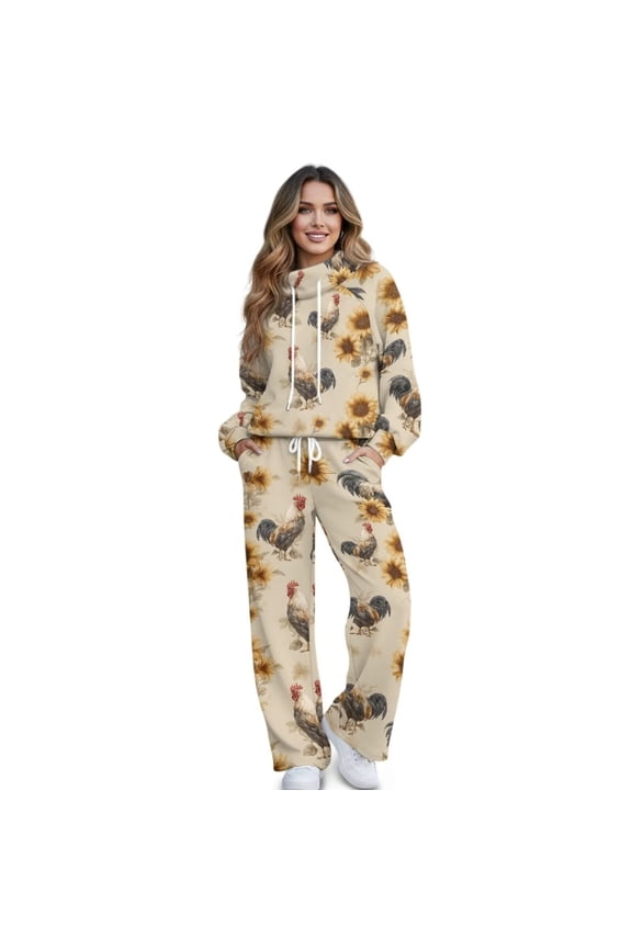 Rooster Chicken Sunflower Print Women's 2 Piece Outfits Lounge Set Mock Neck Long Sleeve Sweatshirt With Wide Leg Pants Sweatsuits Fall Fashion Airport Tracksuit, Medium