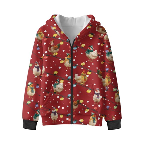 Xixirimido Rooster Christmas Lights Red Printed Hoodies for Girls Boys Zip Up Hoodie Sweatshirt Teen Lightweight Fall Winter Jacket Casual Long Sleeve Pullover Top Velvet Lining, 6-8 Years