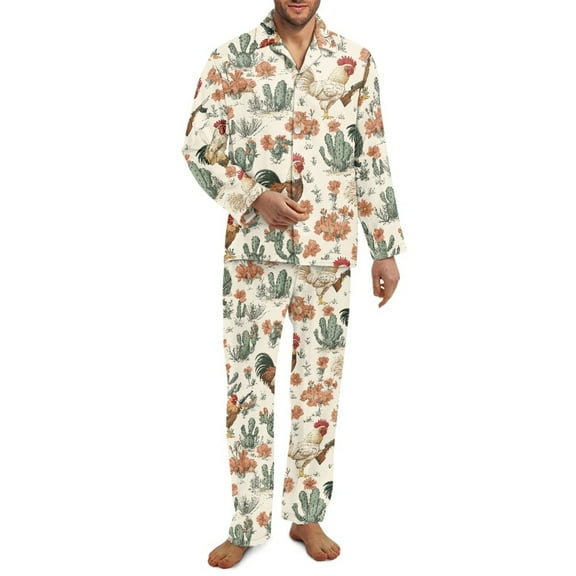 Xixirimido Rooster Vintage Cactus Print Mens Pajama Set Soft Button Down Notched Collar Pjs Long Sleeve 2 Piece Sleepwear Lounge Nightwear with Pockets, Medium