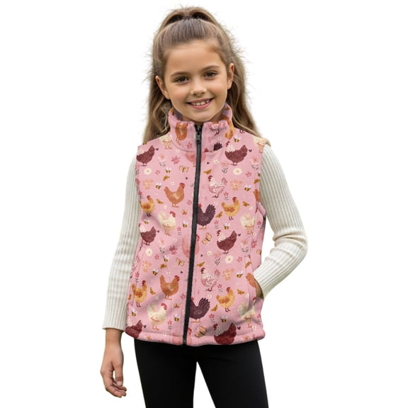 Xixirimido Roosters Bee Butterfly Pink Pattern Boys Girls Full Zip Fleece Vest Sleeveless Stand Collar Outwear Warm Jacket with Pockets for 3T
