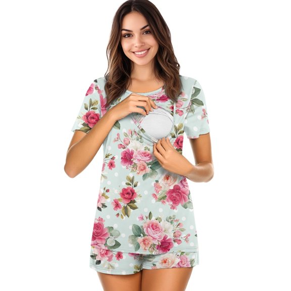 Xixirimido Rose Floral Pattern Maternity Nursing Pajamas Set 2 PCS Breastfeeding Sleepwear Short Sleeve Top and Shorts Set Pregnancy Pajamas for Women, X-Large