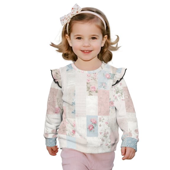 Xixirimido Roses Floral Patchwork Print Sweatshirt for Toddler Girls Ruffle Pullover Top Casual Long Sleeve Top Kids Graphic Crewneck Sweater Fall Winter Outfit, for 3-4T