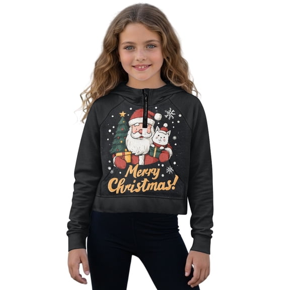 Xixirimido Santa Claus Cat Christmas Pattern Girls Half Zip Sweatshirt Hooded Pullover for Teen Long Sleeve Hoodie Crop Tops with Pocket Fall Winter Clothes Size 5-6