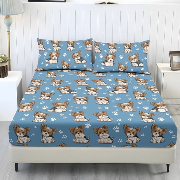 Xixirimido Schnauzer Paws Blue Print 3Pcs Fitted Sheet Set Soft Bed Sheet with 2 Pillowcases Wrinkle Resistant Bedding Set Breathable Mattress Sheets, Queen Size