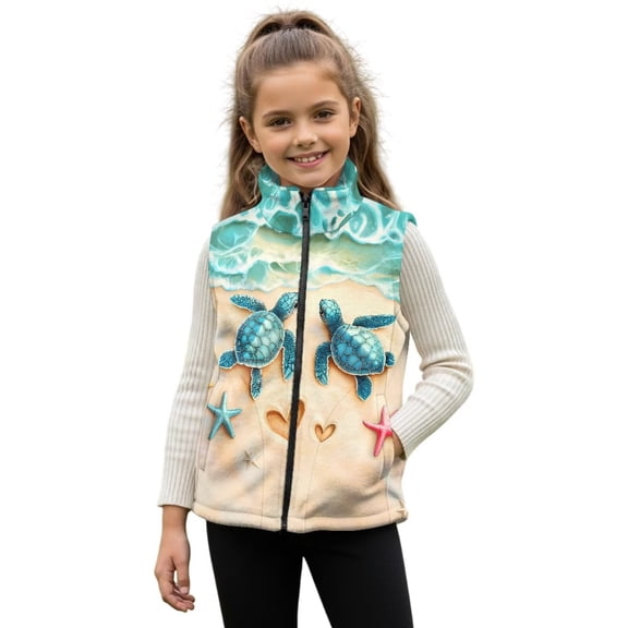 Xixirimido Sea Beach Turtle Starfish Pattern Girls Boys Zippered Vest Warm Soft Fleece Vest for Kids Sleeveless Stand Collar Jacket with Pockets Fall Winter Outerwear for 11-12