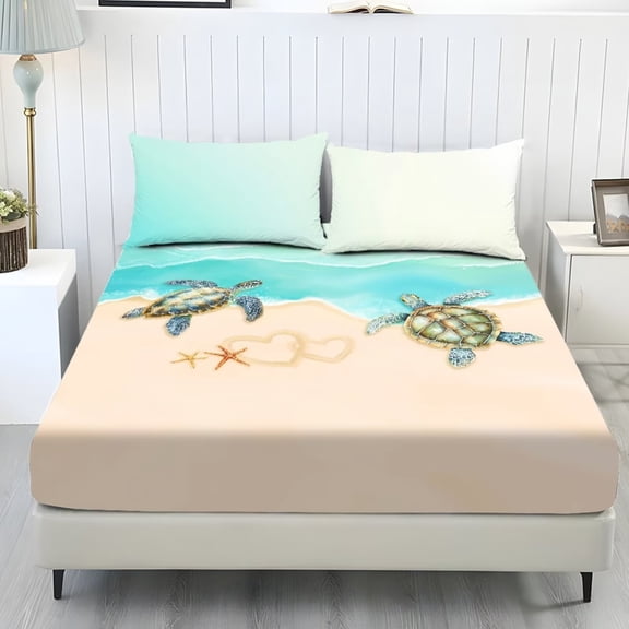 Xixirimido Sea Turtle Starfish Beach Print 3Pcs Fitted Sheet Set Soft Bed Sheet with 2 Pillowcases Wrinkle Resistant Bedding Set Breathable Mattress Sheets, King Size