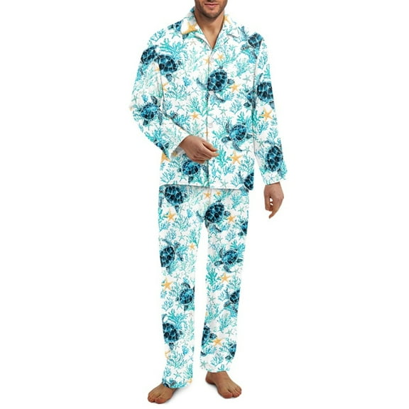 Xixirimido Sea Turtle Waterweed Starfish Print Mens Pajama Set Soft Button Down Notched Collar Pjs Long Sleeve 2 Piece Sleepwear Lounge Nightwear with Pockets, Medium
