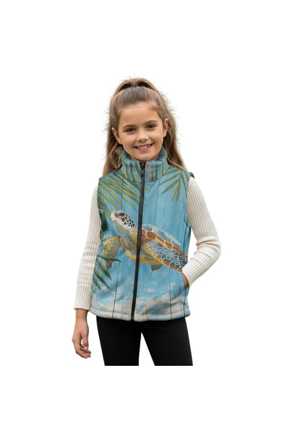 Sea Turtle Woodgrain Pattern Girls Boys Zippered Vest Warm Soft Fleece Vest for Kids Sleeveless Stand Collar Jacket with Pockets Fall Winter Outerwear for 4T