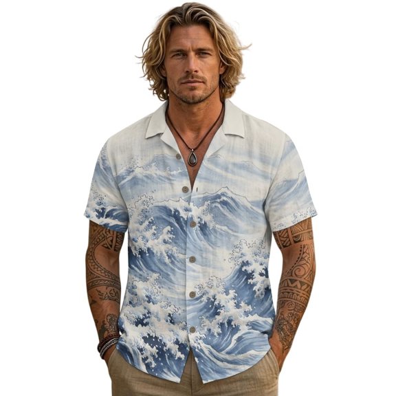 Xixirimido Sea Waves Blue Print Men's Summer Linen Shirt, Cuban Collar Short Sleeve Breathable Casual Beach Button Down Shirts, Large