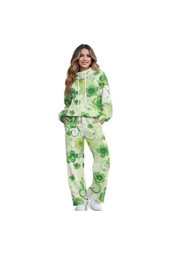 Shamrock Green Print Sweatsuits for Women Plus Size 2 Piece Outfit Long Sleeve Sweatshirt Wide Leg Sweatpants Fall Winter Fashion Lounge Set Tracksuit for St. Patrick's Day, Small