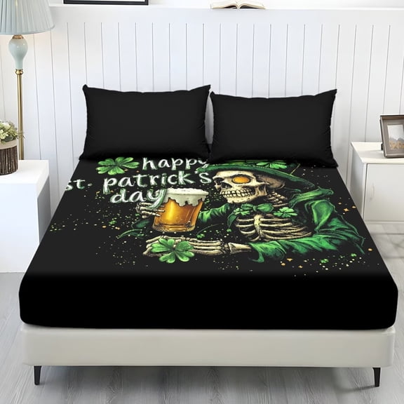 Xixirimido Shamrock Skull Print Sheet Set Soft Fade Resistant 3 Piece Bed Sheet Set All Around Elastic Fitted Sheet & Pillowcases Home Bedroom St. Patrick's Day Decor, Twin Size