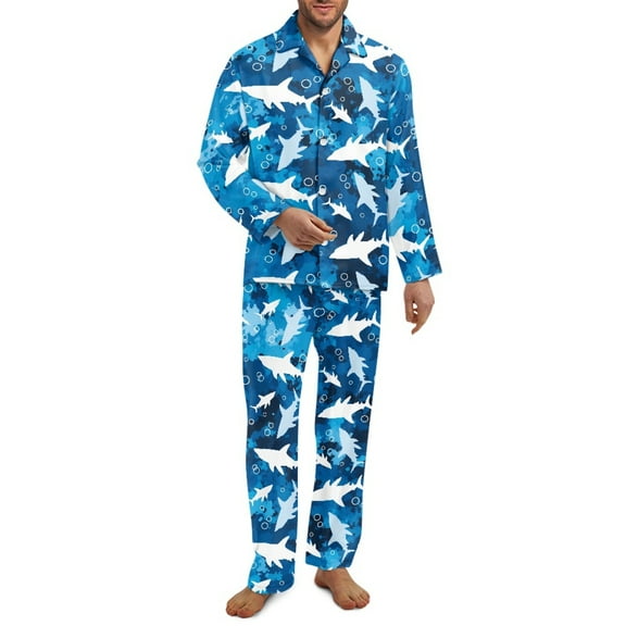 Xixirimido Sharks Blue Print Men's Pajamas Set Long Sleeve Button Down Pajamas for Men Fall Winter Sleepwear 2Piece Lounge PJs with Pockets, X-Large