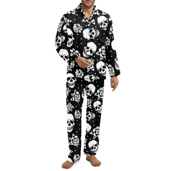 Xixirimido Skull and Roses Print Mens Pajama Set Long Sleeve Sleepwear Classic Button Down Loungewear Soft Sleepwear Pj Set with Pockets , XX-Large