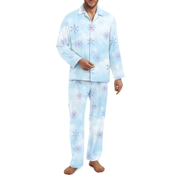 Xixirimido Snowflake Blue Pattern Mens Pajama Set Soft Button Down Pajamas Long Sleeve Pjs Sleepwear Loungear Comfy Sleep Sets with Pockets, Small