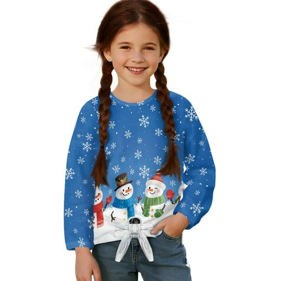 Xixirimido Snowmen Snowflake Blue Print Girls Casual Tunic Tops Tie-hem Long Sleeve Loose Soft Blouse T-Shirt Cute Graphic Girls Shirts, Size 11-12