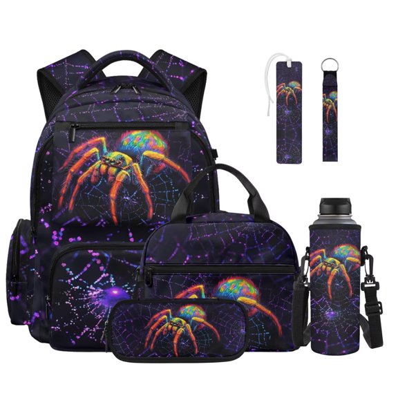 Xixirimido Spider and Cobweb 6Pcs School Bag with Thermal Lunch Box Pencil Case Water Bottle Holder Keychain and Bookmark for Boys 17 Inch Backpack Set