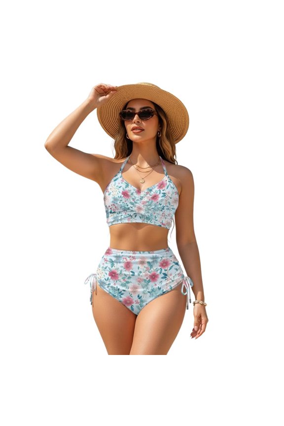 Spring Floral Blue Print Womens High Waisted Bikini Sets Tummy Control Swimsuits 2 Piece Crisscross Tie Back Bathing Suit for Beach Vacation, XS