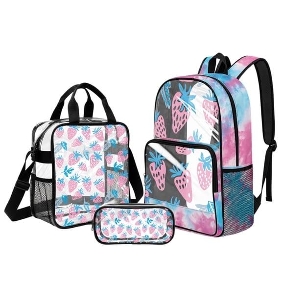 Xixirimido Stadium Approved Clear Backpack 3 In 1 Set Transparent School Backpack Insulated Lunch Bag Clear Pencil Pouch for School Travel Sports Events, Strawberry Colorful Tie-dye