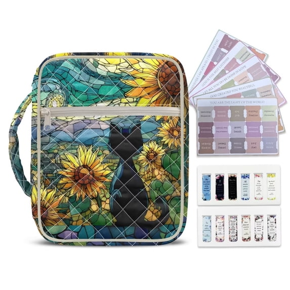 Xixirimido Stained Glass Cat Sunflower Print Bible Cover Case Large Quilted Bible Carrying Case with Handles & Bookmarks Bible Study Supplies & Accessories Christian Gifts for Church