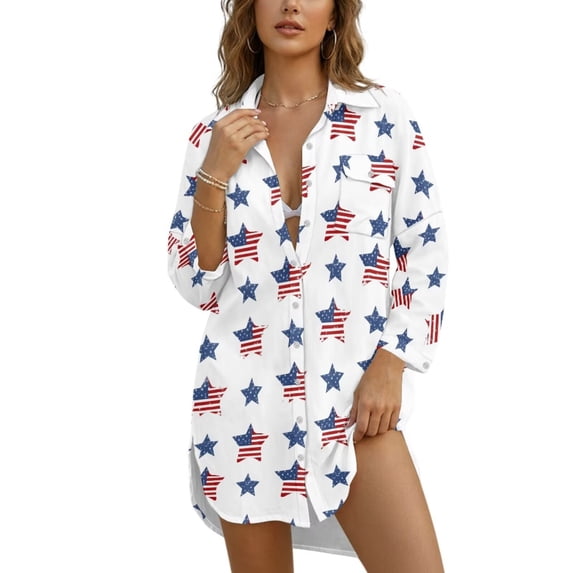Xixirimido Stars American Flag Print Womens Swimsuit Cover Up Button Down Shirt Long Sleeve Bathing Suit Coverups Beach Cover Up With Pocket, Size 3XL