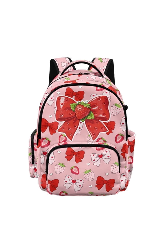 Strawberry Bows Pink Print 17 Inch Kids Backpacks for Boys Girls Preschool, Kindergarten, Elementary School Backpacks with Multi-pocket Students School Bag