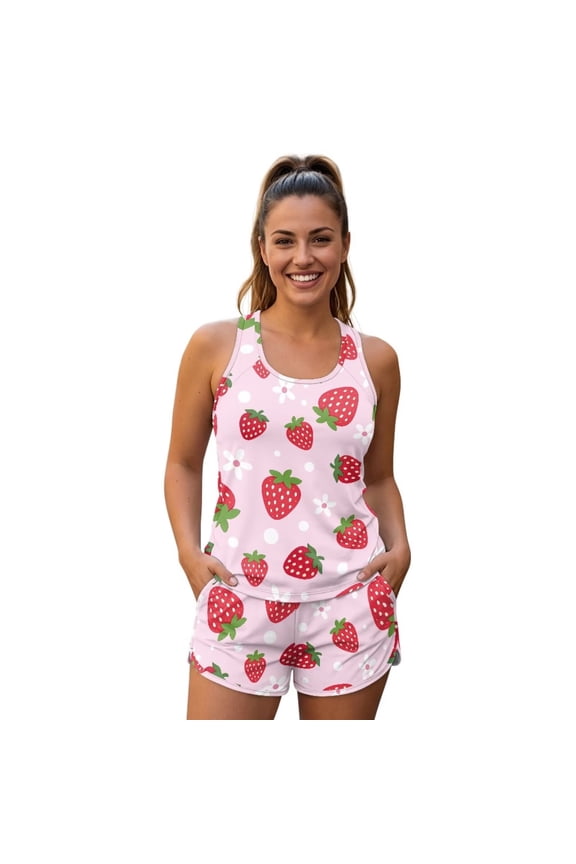 Strawberry Floral Pink Print Tankini Bathing Suits with Swim Shorts Womens Two Piece Swimsuits with Pockets Tummy Control Modest Swimwear 2026, 3XL