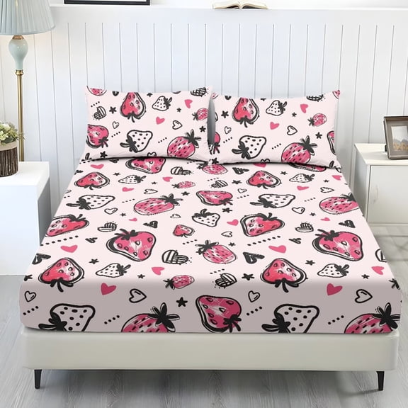 Xixirimido Strawberry Heart Graffiti Print Fitted Sheet and Pillowcases Set, Luxury Soft Bed Sheet All Around Elastic Bedsheet Deep Pocket, 1 Fitted Sheet and 2 Pillowcases, Twin Size