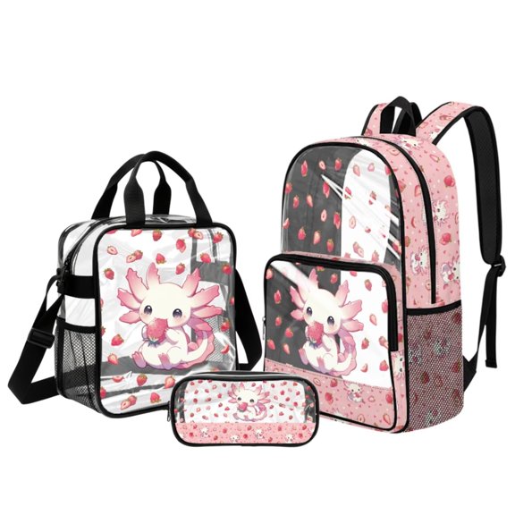Xixirimido Strawberry Pink Axolotl Print Stadium Approved Clear Backpack 3 In 1 Set Transparent School Backpack Insulated Lunch Bag Clear Pencil Pouch for School Travel Sports Events