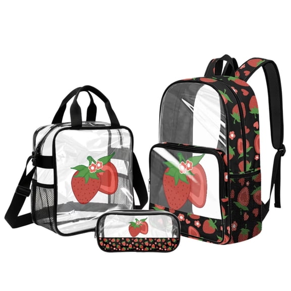 Xixirimido Strawberry Print Clear Backpack Set, Stadium Approved Transparent Bookbag with Lunch Bag Pencil Case for Girls Boys, Heavy Duty PVC See Through Backpack
