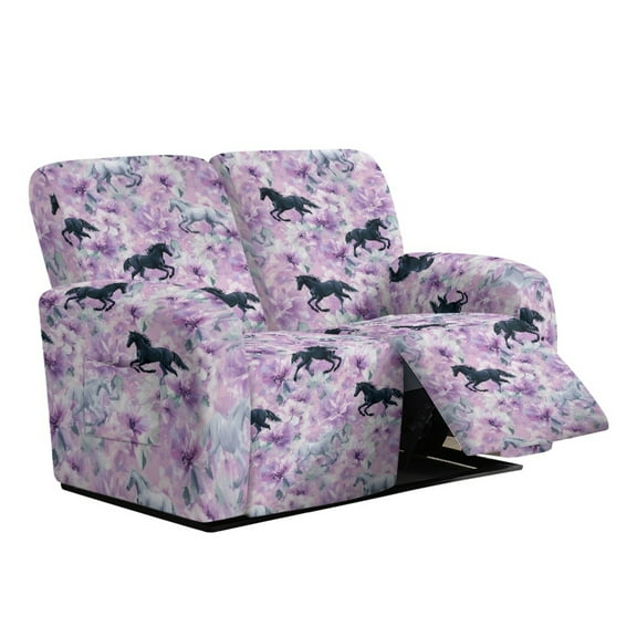 Xixirimido Stretch Recliner Slipcovers Printed Sofa Cover 6-Piece Reclining Chair Covers Recliner Chair Cover with Pockets Furniture Protector for Living Room, Horses Floral Purple