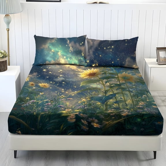 Xixirimido Sunflower Starry Night Print Sheet Set Soft Fade Resistant 3 Piece Bed Sheet Set All Around Elastic Fitted Sheet & Pillowcases Home Bedroom Decor, Twin Size