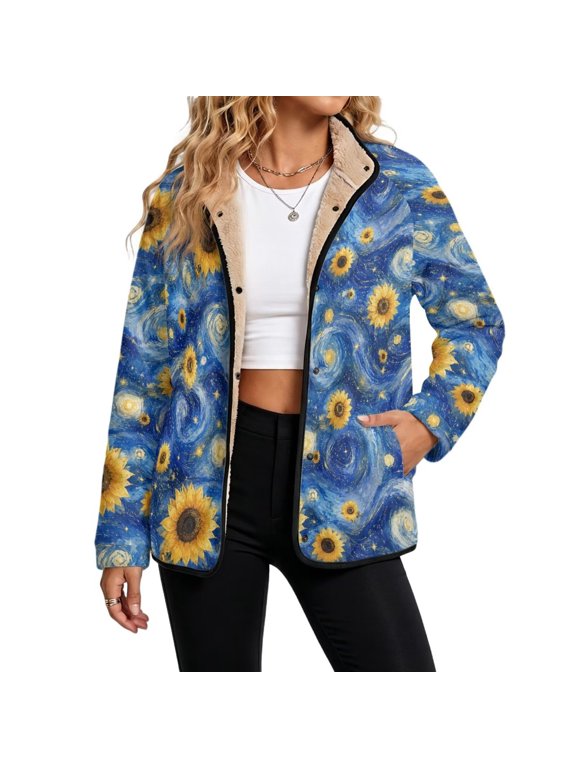 Sunflower Starry Night Womens Sherpa Fleece Jacket Oversized Coats, Women Cozy Sherpa-Lined Jacket with Pockets, Stand-Collar Snap Buttons, Relaxed Fit, for Fall & Winter Outwear, 6X-Large