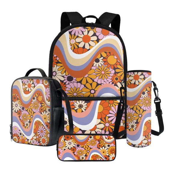 Xixirimido Swirl Hippie Flower Pattern 17" Backpack Set with Lunch Bag, Pen Case, and Water Bottle Carrier Kids Students Large Capacity School Bag 4Pcs Sets for Boy Girl